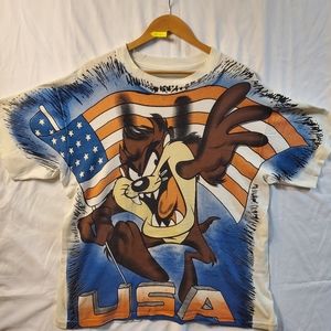 Vintage 1997 Taz USA Flag Unlimited All Over Print T-Shirt Size L-XL